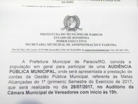 AUDIÊNCIA PUBLICA MUNICIPAL REFERENTE A PRESTAÇÃO DE CONTAS  DO 1° SEMESTRE DE 2017.